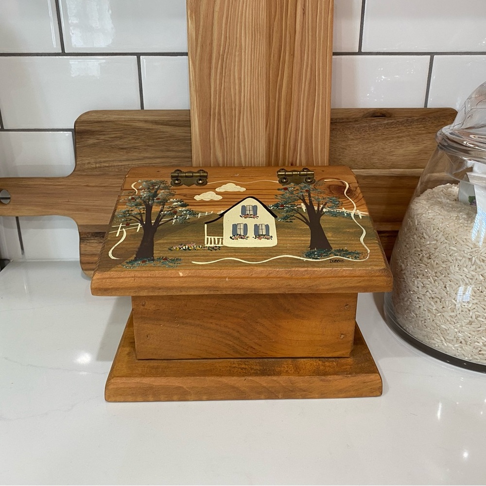Vintage Handcrafted Wooden Recipe Box with Scenic Painting